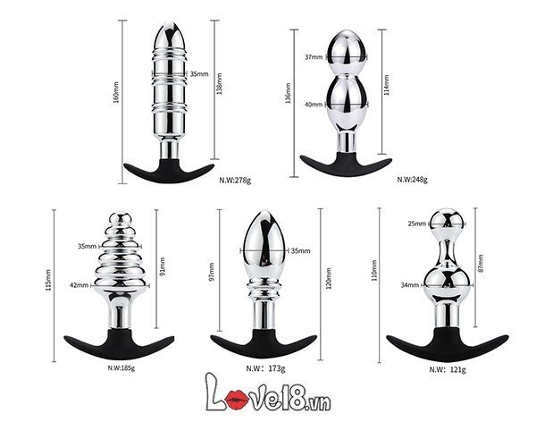 Bộ 5 phích cắm hậu môn kim loại silicone cao cấp, an toàn