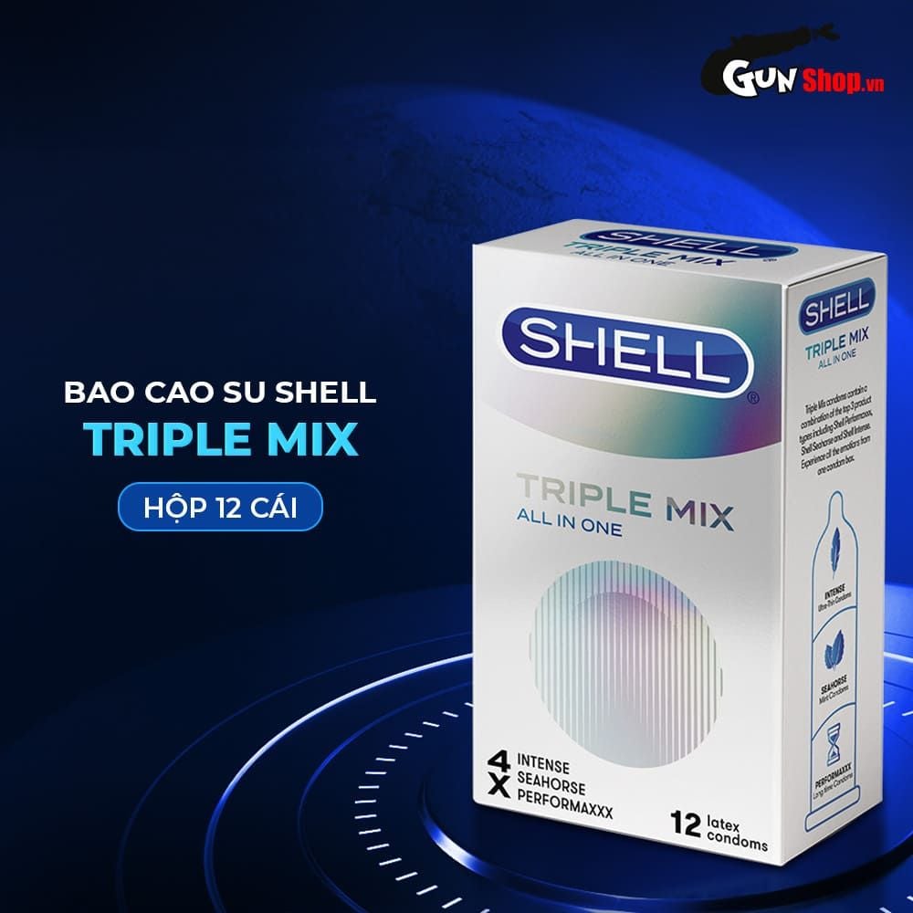 Bao cao su Shell Triple Mix - Siêu mỏng mát lạnh gân gai - Hộp 12 cái