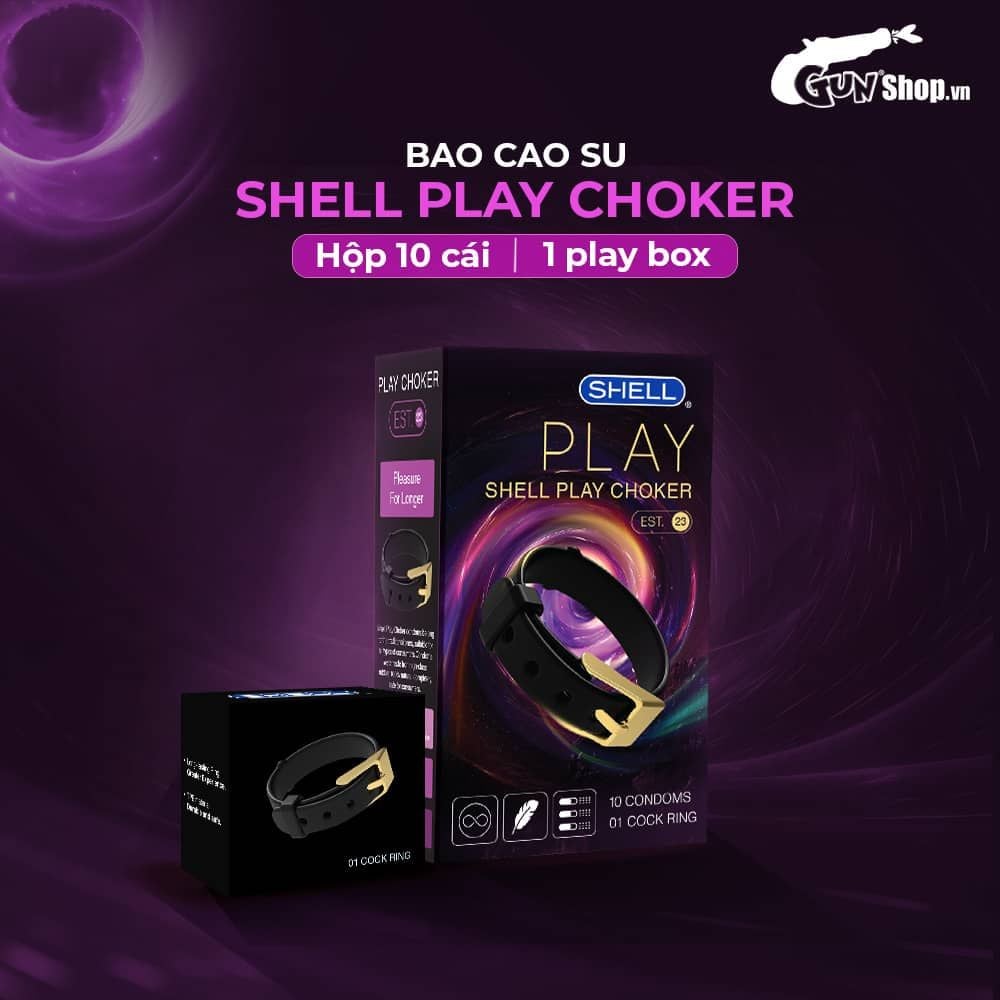 Bao cao su Shell Play Choker 6 tính năng - Hộp 10 cái + 1 vòng đeo kéo dài thời