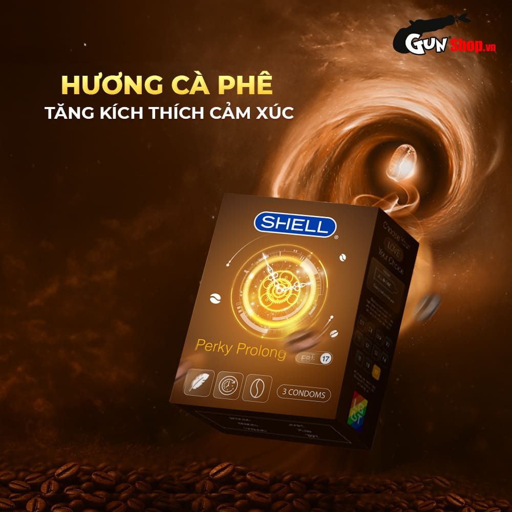 Bao cao su Shell Perky Prolong - Siêu mỏng kéo dài thời gian hương cà phê - Hộp 3 cái
