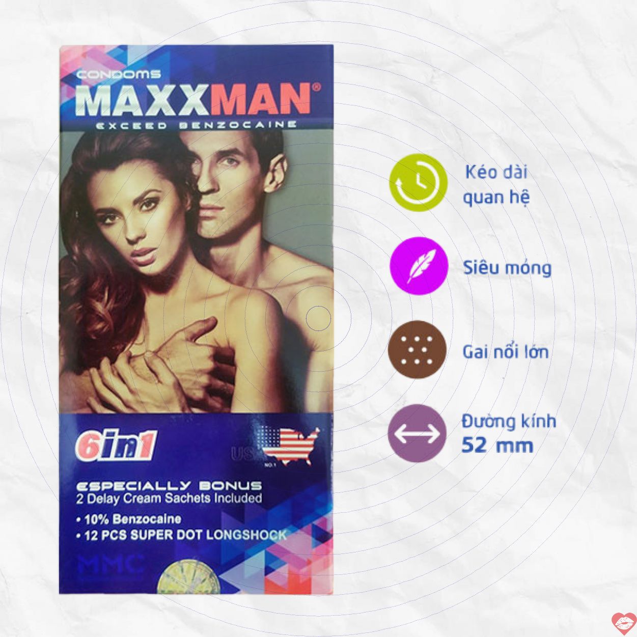 Maxxman 6in1 bao cao su cao cấp hộp 12 chiếc an toàn bền 