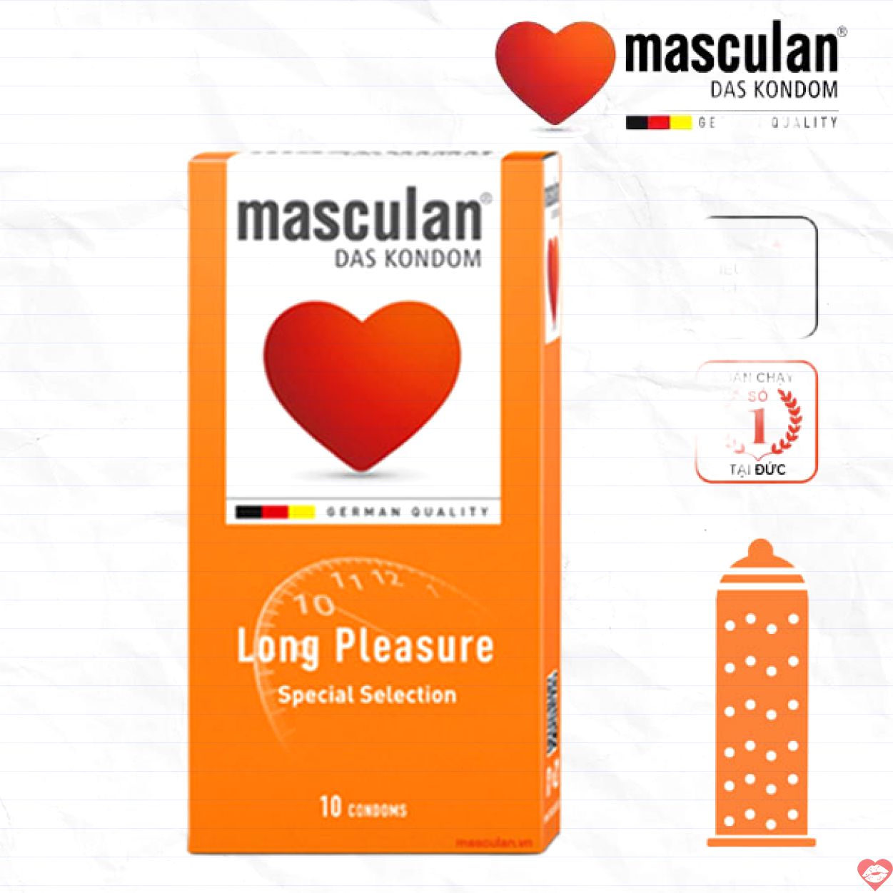Masculan Long Pleasure 10 cái Bao cao su gân gai chống xuất tinh sớm 