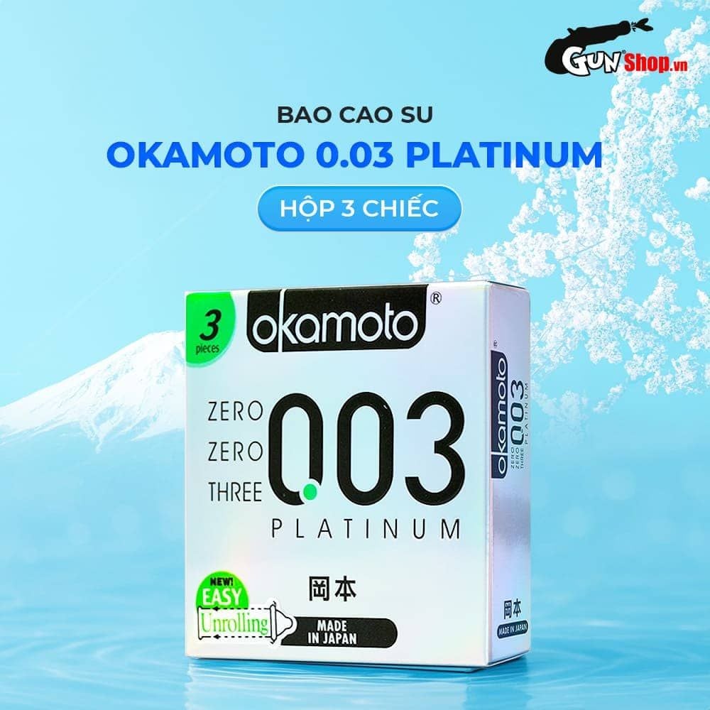 Bao cao su Okamoto 0.03 Platinum - Siêu mỏng không mùi - Hộp 3 cái