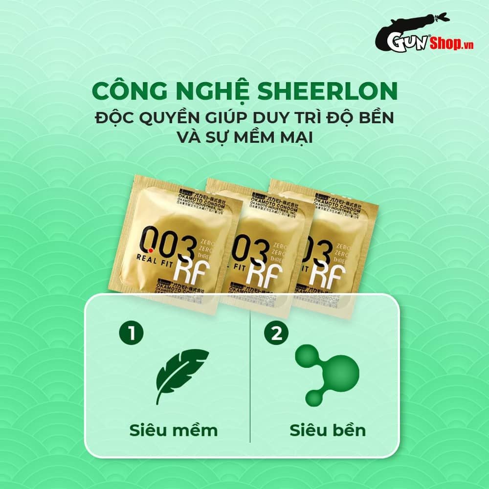 Bao cao su Okamoto 0.03 Real Fit - Siêu mỏng co rút ôm sát - Hộp 3 cái