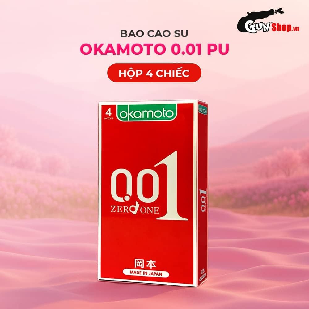 Bao cao su Okamoto 0.01 PU - Siêu mỏng tàng hình truyền nhiệt chân thật - Hộp 4 cái